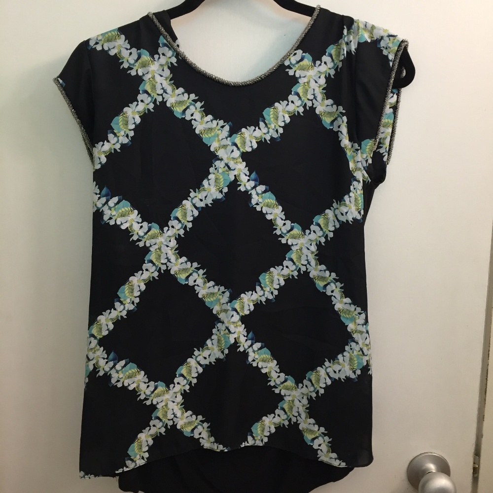 Cynthia Rowley Floral Blouse w/Beaded Trim, S